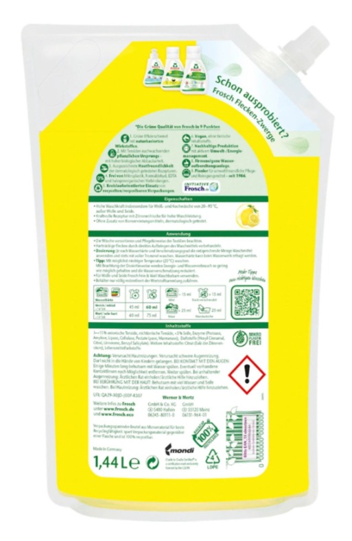frosch citrus 1 Frosch Voll‑Waschmittel Citrus Beyazlar için Yüksek Yıkama Gücü Çamaşır Deterjanı, Limon Ferahlığı 24 Yıkama - Görsel 2